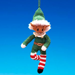 Lutin au crochet vert, rouge et blanc, articulé, avec bonnet vert