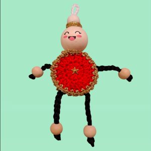 Bonhomme de Noël rond, au crochet rouge et doré, 5 boules en bois