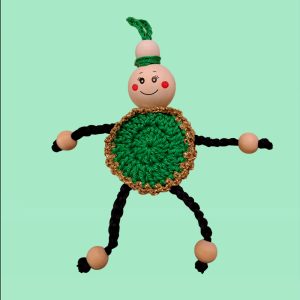 Bonhomme de Noël rond au crochet vert et doré, 5 boules en bois