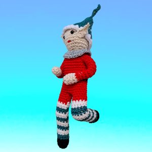 Lutin articulé rouge et bonnet vert, collerette argent